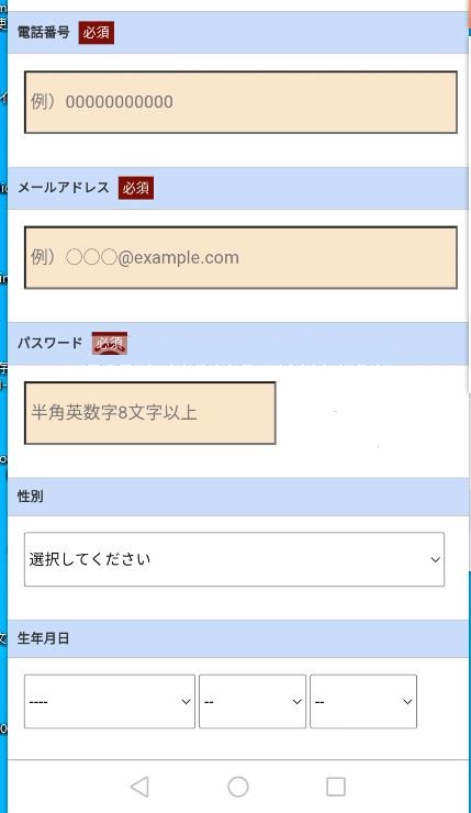 電話番号、メールアドレスなどを入力する画面